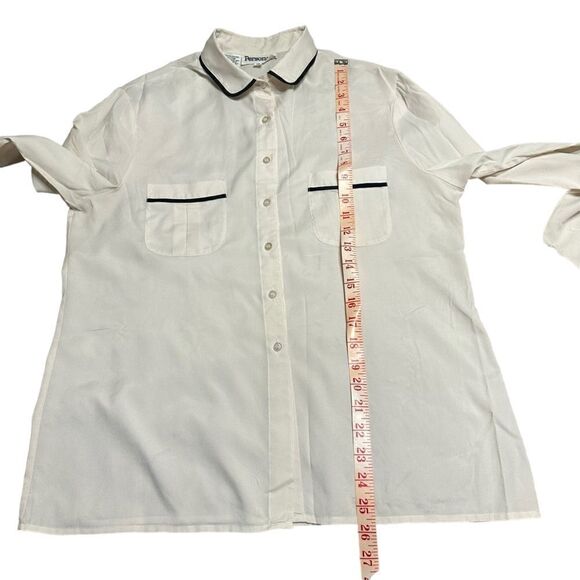 Vintage crepe white with black edging long sleeve button down blouse size 14 - Picture 8 of 9